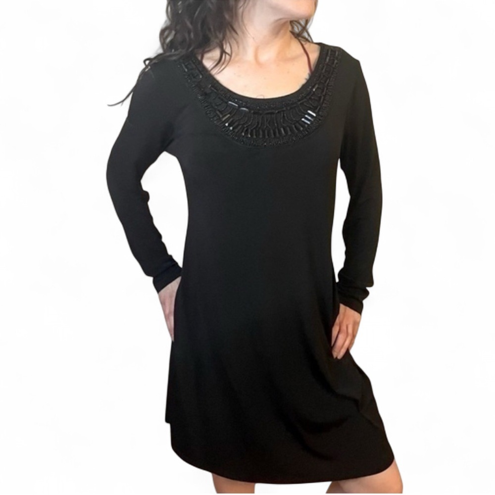 Alyx Shift Dress Wrinkle Free Polyester Black Jewel Embellished Scoop Neck 10